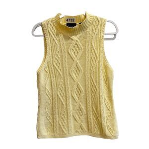 Vtg Crazy Horse Women Yellow Sweater M Mock Neck Cable Knit Pullover Sleeveless